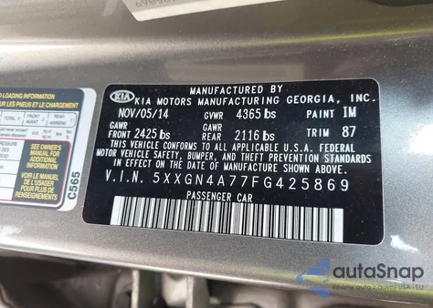 2015 Kia Optima Ex from USA, damaged, VIN 5XXGN4A77FG425869